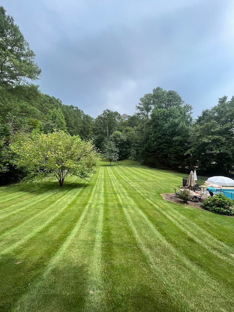 Wide striped backyard lawn near a pool